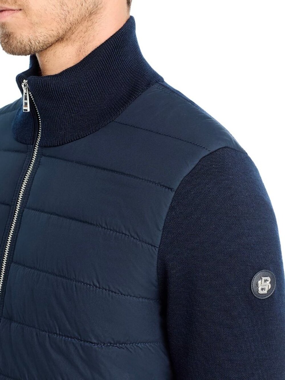BOSS Hernesto Virgin Wool Knit Mixed Media Zip Jacket Mens Dark Blue 2XL NWT 399